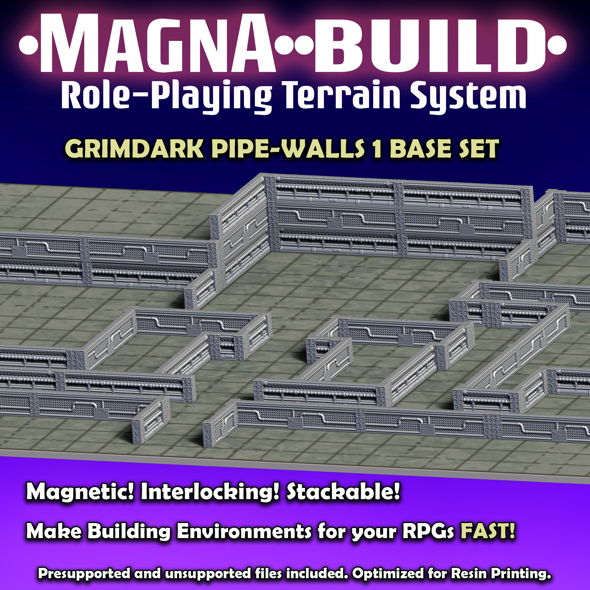 Magna-Build GRIMDARK PIPE-WALLS 1 BASE SET -Magnetic RPG Terrain